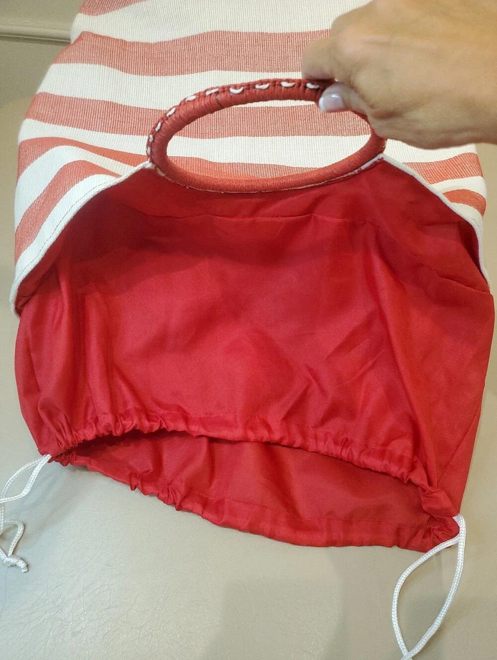 Red & White Striped Beach Tote Bag Hoop Handle Summer Canvas